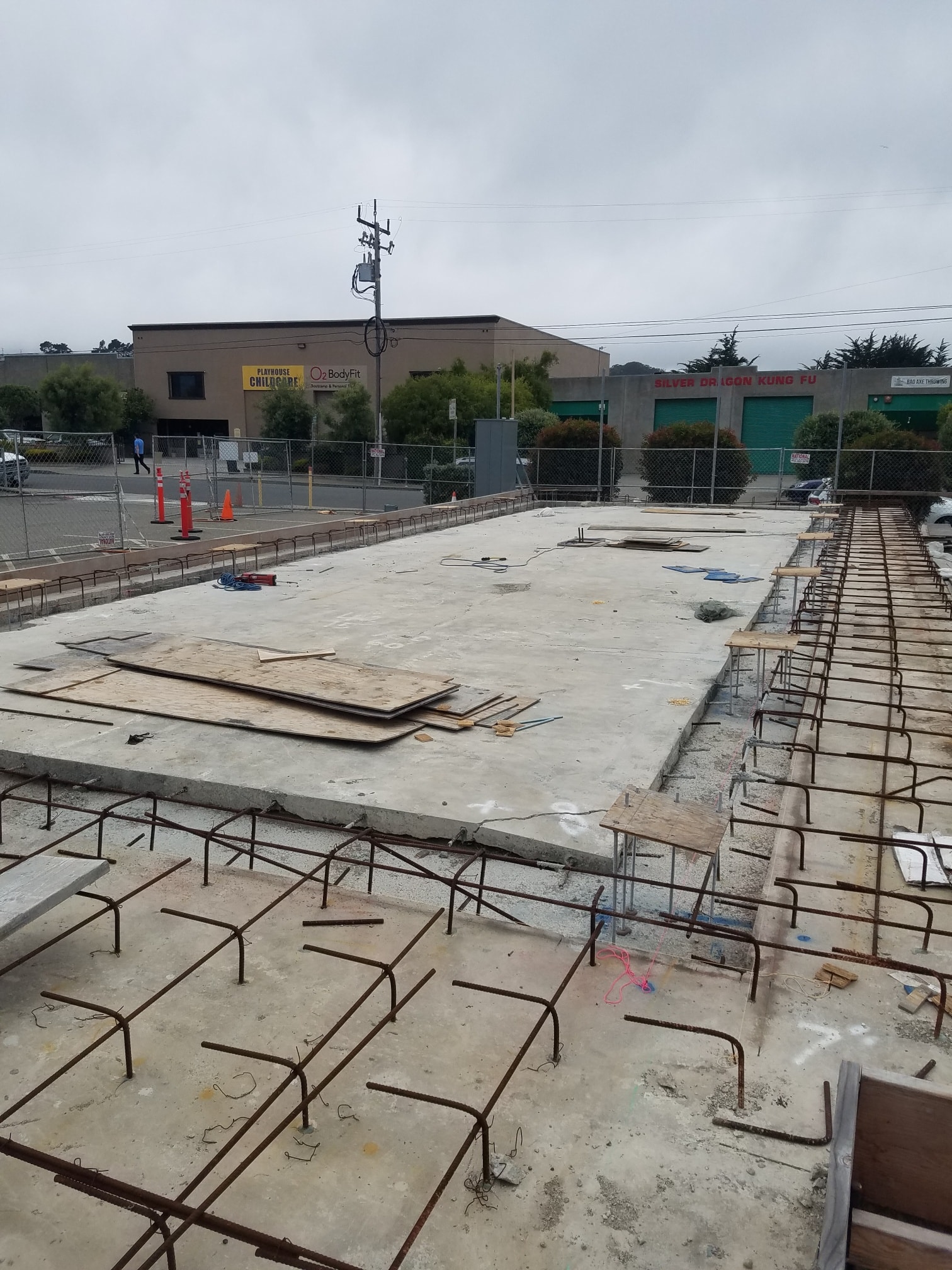 Warehouse foundation construction with rebar preparation